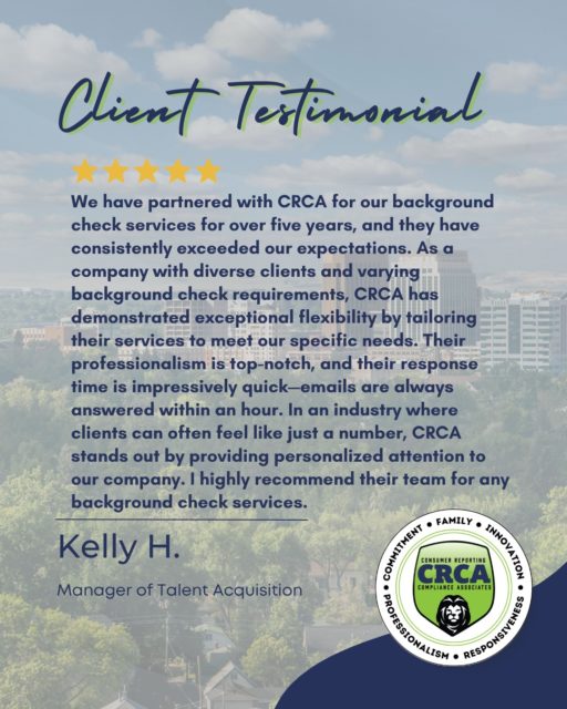 We think that Kelly's testimonial speaks for itself.
Giving 100% attention and care 100% of the time.
☎️ (800)714-3919
📧 info@crcascreening.com

#HumanResources #HRManager #BackgroundScreening #HRrecruiter #BackgroundChecks #ComplianceMatters