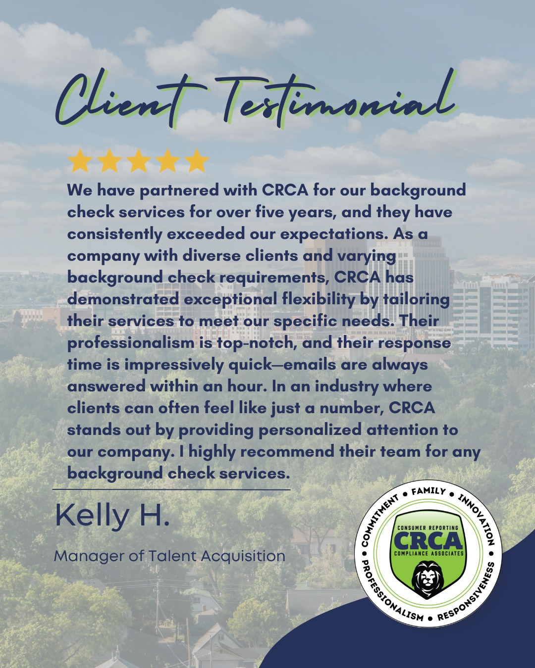 We think that Kelly's testimonial speaks for itself.
Giving 100% attention and care 100% of the time.
☎️ (800)714-3919
📧 info@crcascreening.com

#HumanResources #HRManager #BackgroundScreening #HRrecruiter #BackgroundChecks #ComplianceMatters