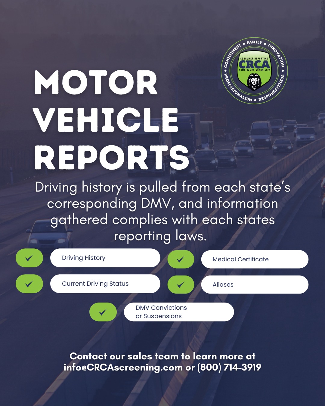 Need Motor Vehicle Reports for your drivers? Let us handle it!
Reach out to our sales team to learn more about DOT screening options for your drivers!
📧 info@CRCAscreening.com
☎️ (800)714-3919

#DOT #Transportation #HumanResources #HRManager #BackgroundScreening #HRrecruiter #BackgroundChecks
