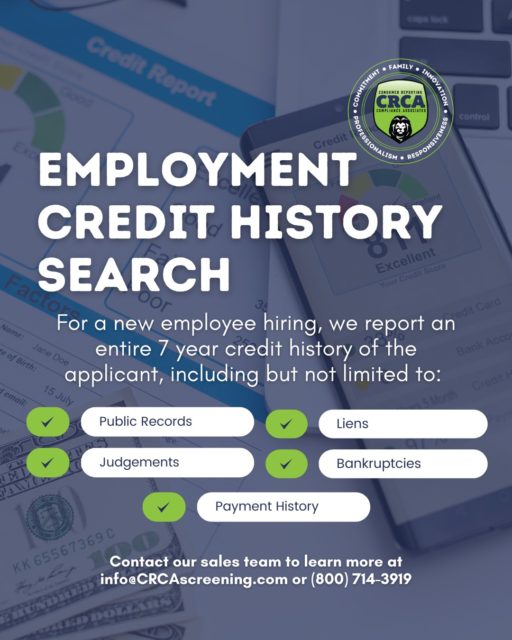 Put your hiring worries at ease when you have CRCA's help with an Employment Credit History Search! We've got you covered!

#HumanResources #HRManager #BackgroundScreening #HRrecruiter #DOT #Transportation #OccHealth