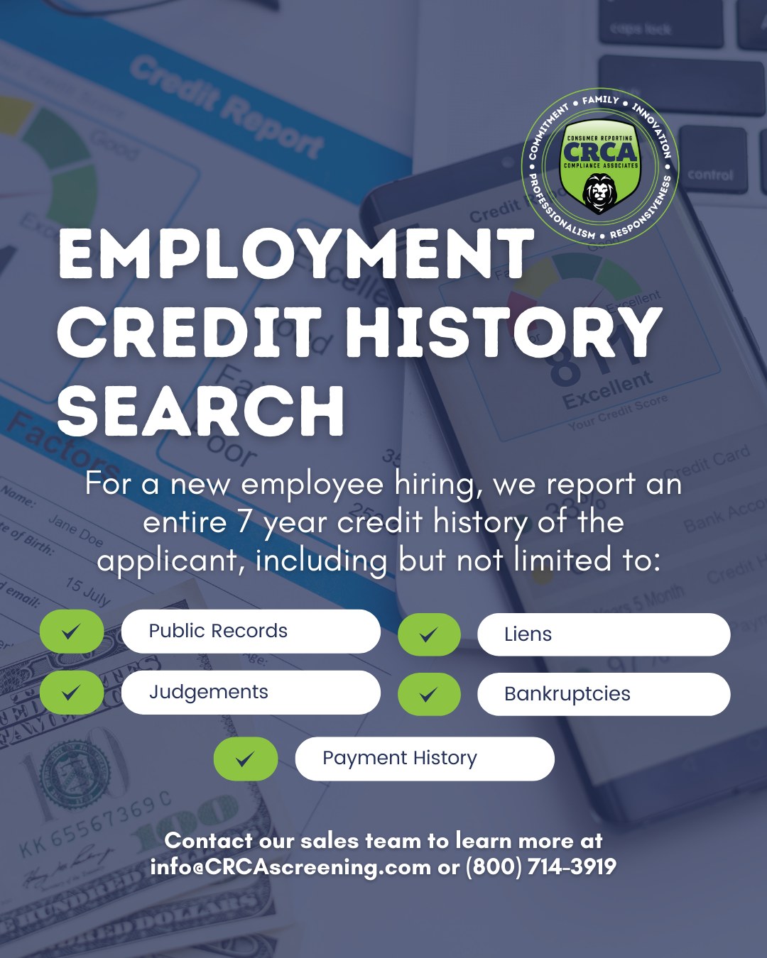 Put your hiring worries at ease when you have CRCA's help with an Employment Credit History Search! We've got you covered!

#HumanResources #HRManager #BackgroundScreening #HRrecruiter #DOT #Transportation #OccHealth