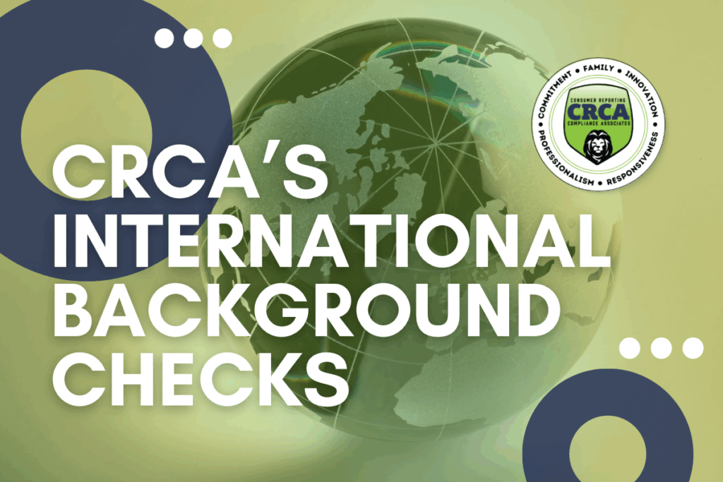 CRCA promotes international background checks with a globe-themed design and company logo highlighting global screening solutions.